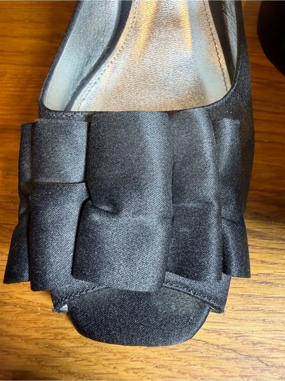 Nina New York Black Satin Peep-Toe Ruffle Slingback Heels